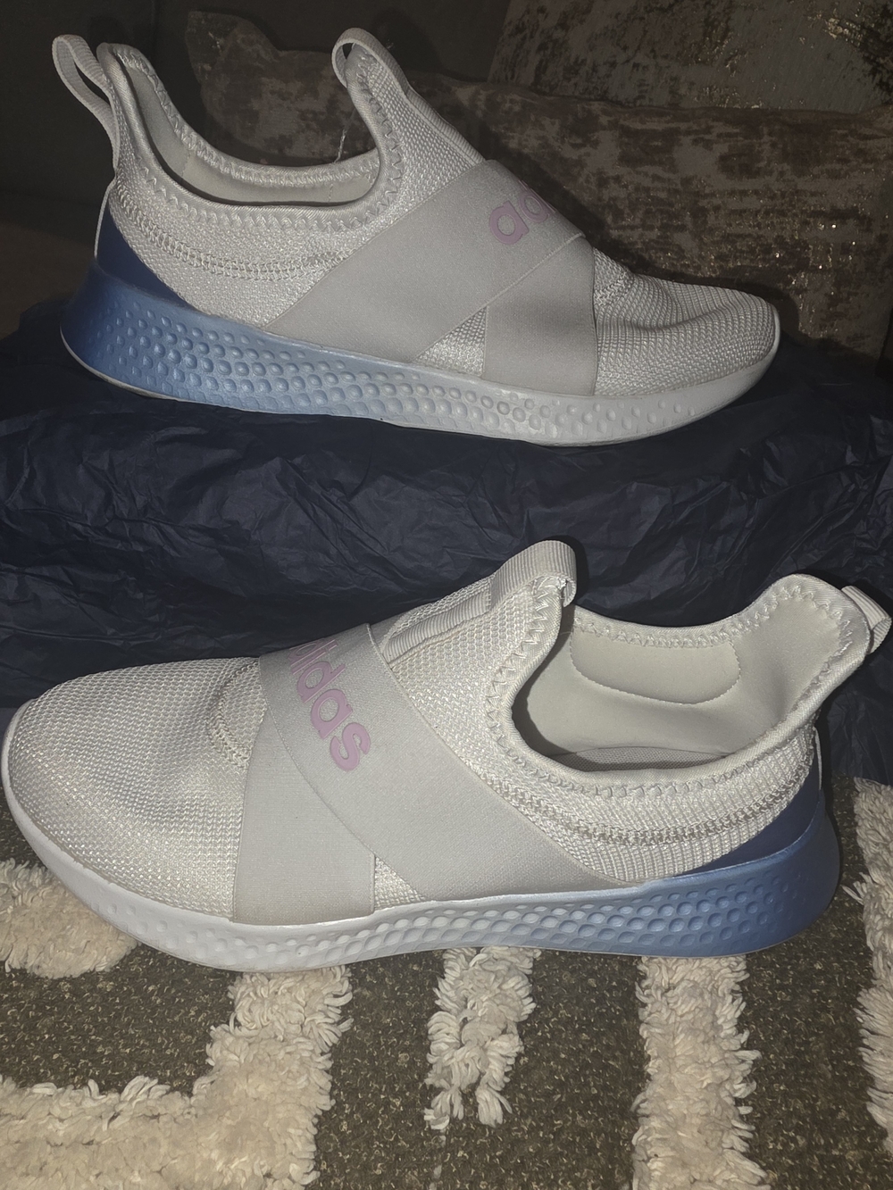 9 Women's. adidas. White Slip-On Sneakers with Light Blue Sole